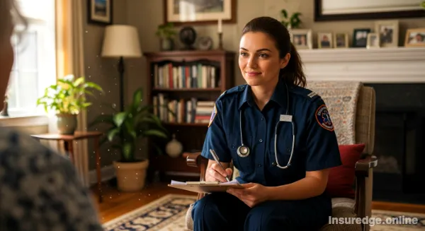 Paramedic conducting a health assessment for a senior insurance policy application.