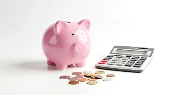 A piggy bank and calculator illustrating the affordability of life insurance for parents.