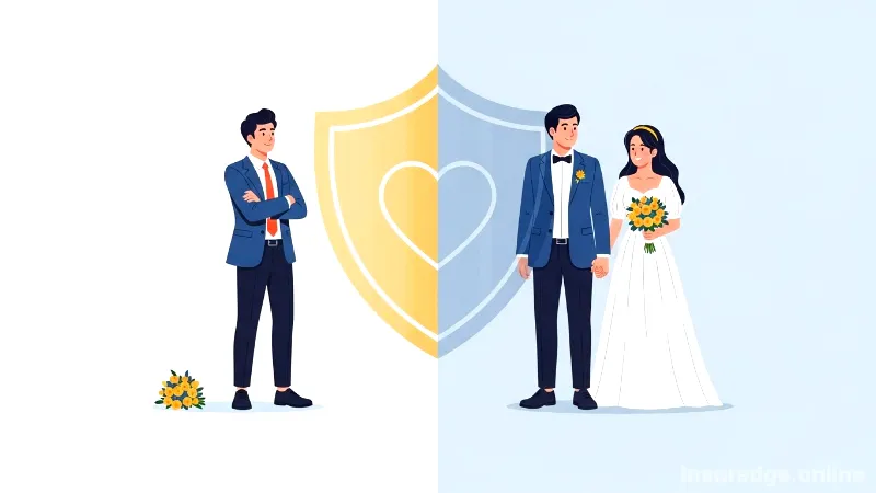 A split-screen graphic showing the difference between single vs married life insurance needs, with a shield icon protecting both.