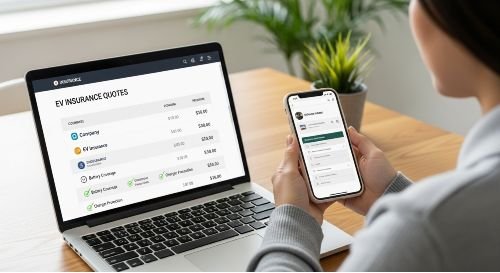 A person comparing the best EV insurance quotes online, looking at costs and coverage details for an electric car insurance policy.