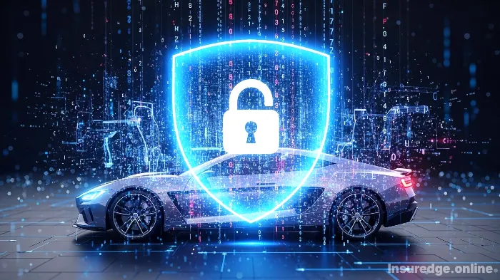 A graphic of a digital shield protecting the data coming from a car for telematics insurance.