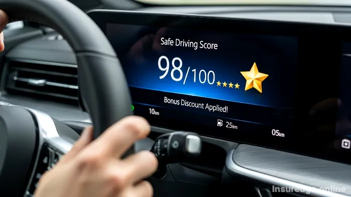 A car dashboard showing a high safe driving score and a bonus discount for pay-as-you-drive insurance.