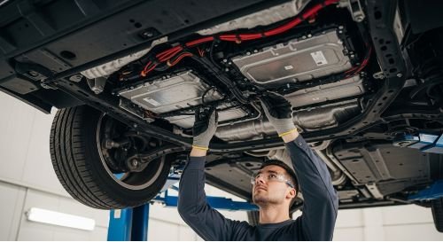 A certified technician inspecting an EV battery pack, illustrating the specialized and high cost of electric vehicle repairs.