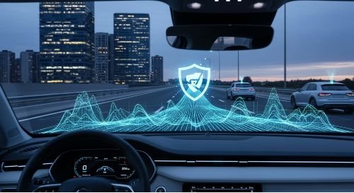A futuristic heads-up display in an EV showing telematics data being sent for a usage-based insurance policy.