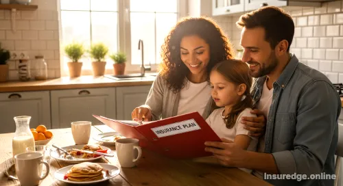 Family organizing life insurance documents for financial security