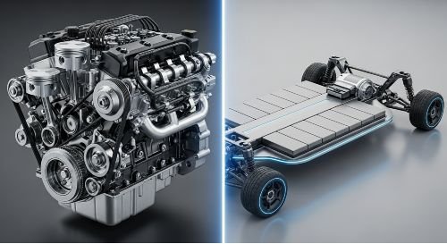 A split-image showing the difference between a complex gas engine and a simple EV battery and motor, a key factor in Electric Vehicle Insurance.