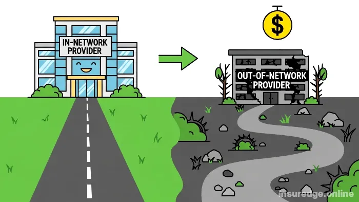 An infographic showing the easy path to an in-network provider versus the costly path to an out-of-network one.