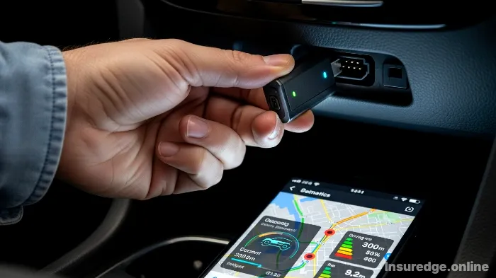A person installing a telematics device into a car's OBD-II port for usage-based insurance.
