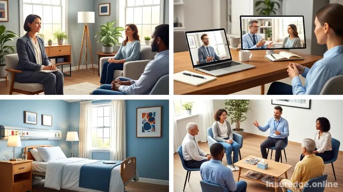 A collage showing different types of mental health services: therapy, telehealth, inpatient, and group sessions.