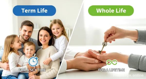 Infographic comparing term life insurance for temporary needs vs. whole life for permanent legacy.