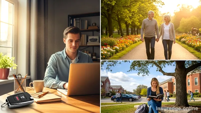 A collage of a remote worker, retirees, and a student who are ideal for pay-as-you-drive insurance.