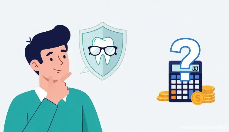 A person considering the value of supplemental dental and vision insurance with tooth and glasses icons.