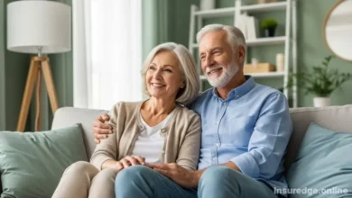 A happy senior couple relaxing at home after securing life insurance for seniors.