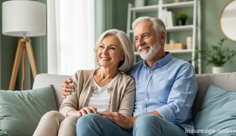 A happy senior couple relaxing at home after securing life insurance for seniors.