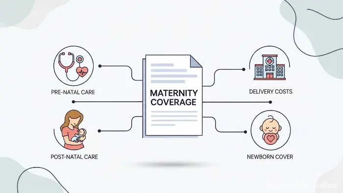 Infographic showing the key inclusions of maternity health insurance coverage.