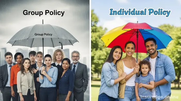 A visual comparison between the shared coverage of a group policy and the personal security of an individual policy.