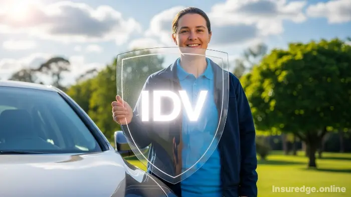 A person holding a shield with "IDV" on it, symbolizing financial protection for their car.