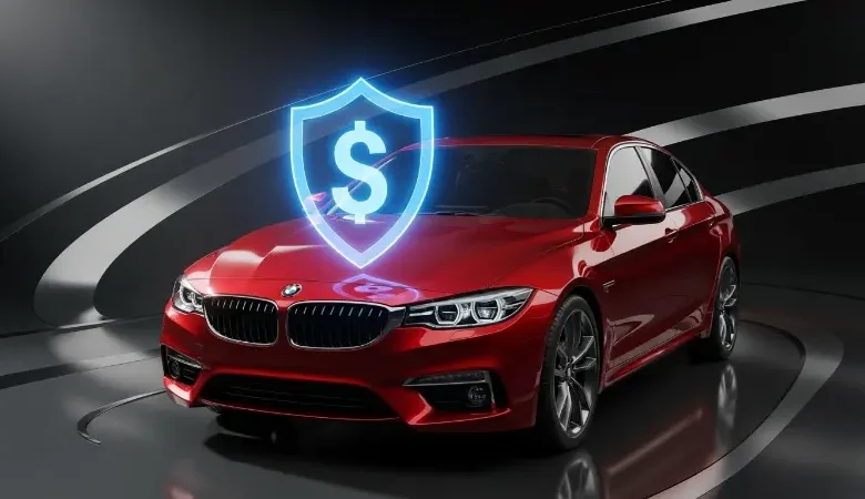 A modern red car protected by a shield, illustrating the concept of Return to Invoice Cover in car insurance.