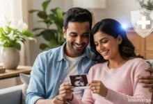 A happy couple reviews their maternity health insurance options while looking at an ultrasound photo.