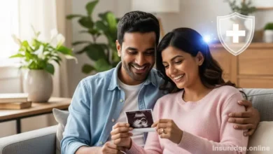 A happy couple reviews their maternity health insurance options while looking at an ultrasound photo.