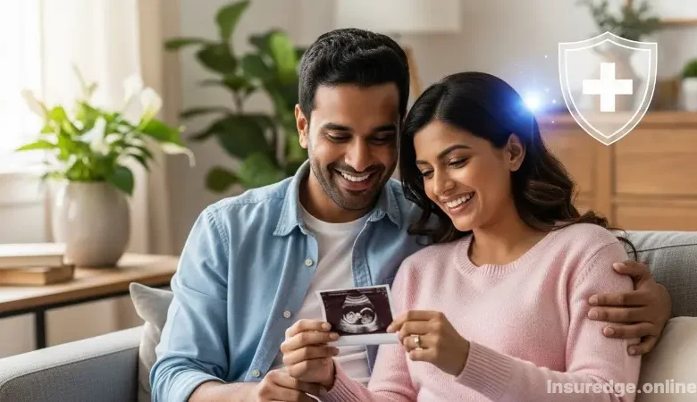 A happy couple reviews their maternity health insurance options while looking at an ultrasound photo.
