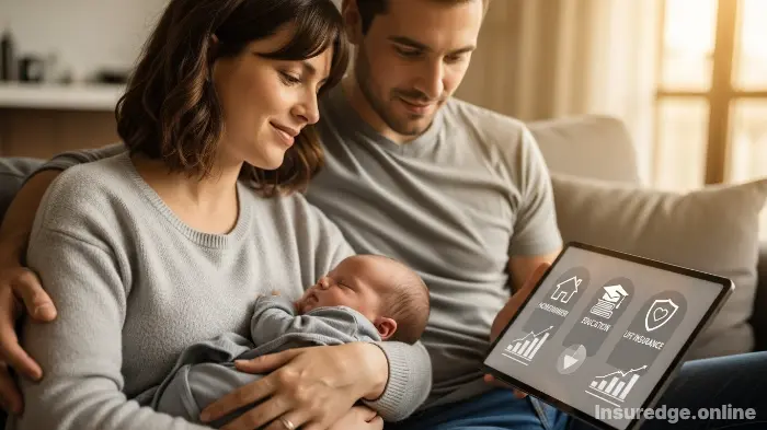 A young family with a newborn planning their long-term financial security beyond maternity insurance.