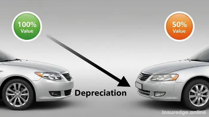 An illustration showing a car's value decreasing over time due to depreciation.