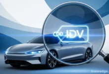 A graphic illustrating the concept of Insured Declared Value (IDV) in car insurance with a car under a magnifying glass.