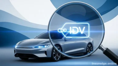 A graphic illustrating the concept of Insured Declared Value (IDV) in car insurance with a car under a magnifying glass.