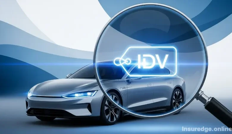 A graphic illustrating the concept of Insured Declared Value (IDV) in car insurance with a car under a magnifying glass.