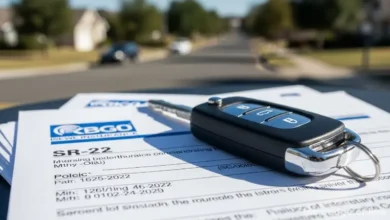 SR22 insurance policy document and car keys on a desk.