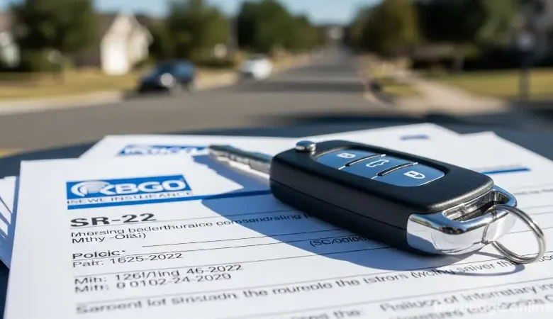 SR22 insurance policy document and car keys on a desk.