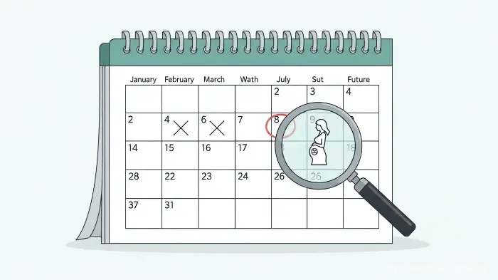 Illustration of a calendar and magnifying glass explaining the waiting period for maternity health insurance.
