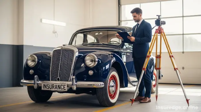 An insurance surveyor assessing an old car to determine its Insured Declared Value (IDV).