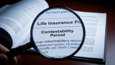 A magnifying glass highlighting the contestability period clause on a life insurance contract.