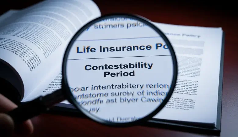 A magnifying glass highlighting the contestability period clause on a life insurance contract.